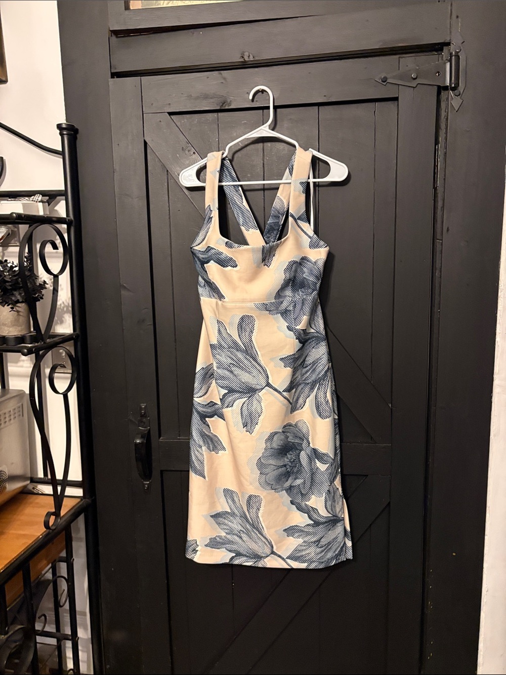 Donna Karan Beige Midi Dress with Blue Floral Print